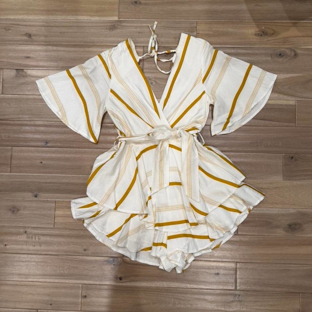 Striped Wrap Romper in White and Mustard